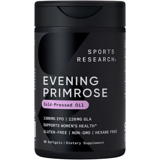 Sports Research Evening Primrose Oil (1300Mg) From Cold-Pressed Evening Primrose Flower | Non-Gmo Verified, Hexane & Gluten Free (30 Liquid Softgels)