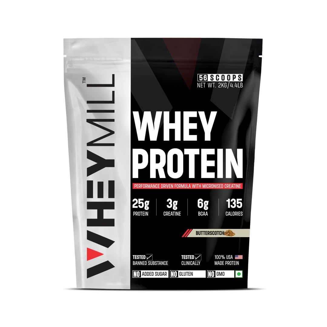 WHEYMILL 100% Whey Protein | 25g Protein, 3g Creatine, 6g BCAA | Easy Mixing, Low Carbs Whey Protein Supplement Powder with Creatine for Men, Women & Athletes (2 Kg/4.4lb | 56 Servings | Butterscotch)