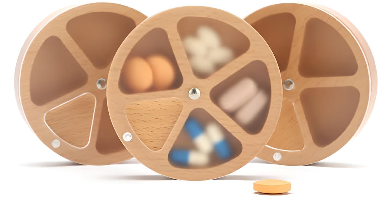 Wooden Pill Organizer Medicine Holder Tablet Box Daily Pill Case Weekly Pill Box Round Pill Dispenser with Rotating Lid Compartment Storage Vitamin Supplement Container Portable Eco Friendly Natural Wood Health Care Organizer for Home Travel Senior Care (