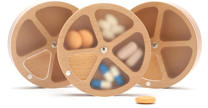 Wooden Pill Organizer Medicine Holder Tablet Box Daily Pill Case Weekly Pill Box Round Pill Dispenser with Rotating Lid Compartment Storage Vitamin Supplement Container Portable Eco Friendly Natural Wood Health Care Organizer for Home Travel Senior Care (