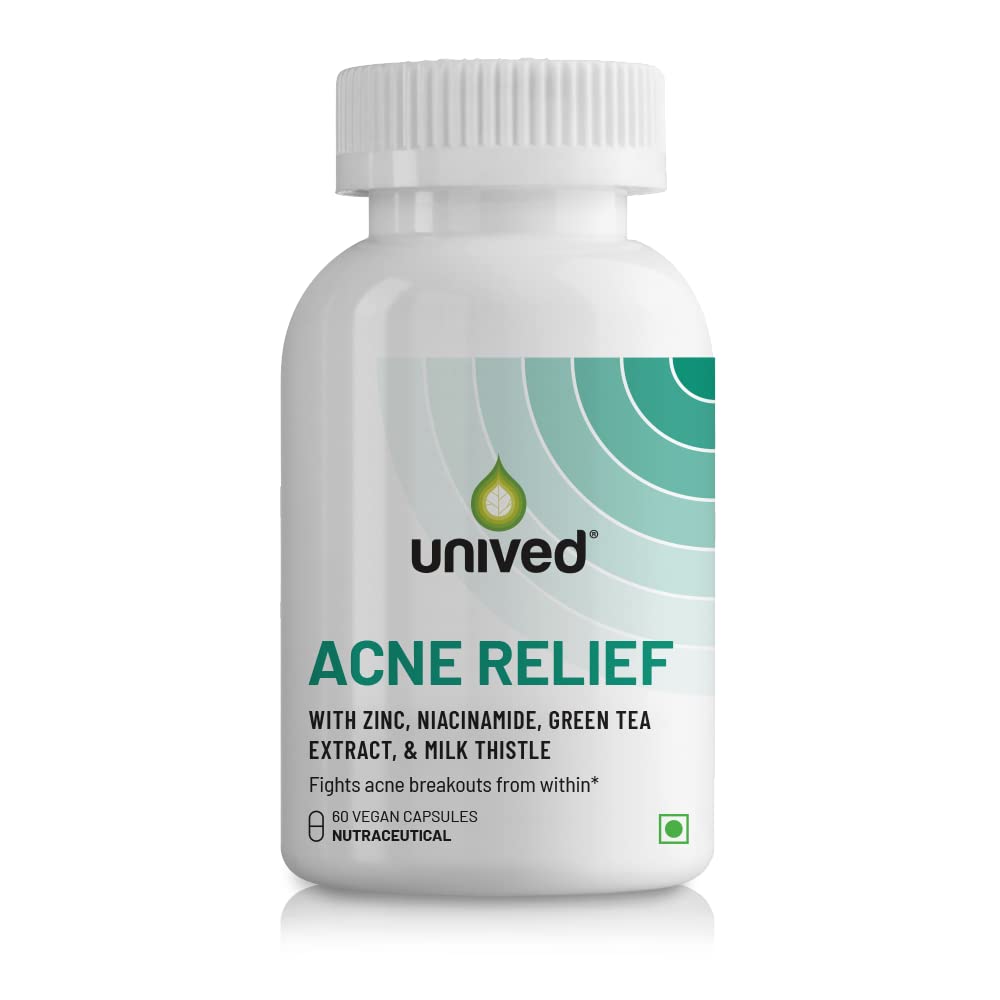 Unived Acne Relief | Acne Supplement Formulated to combat Acne from within | Zinc, Niacinamide, Green Tea, & Milk Thistle | 60 Vegan Caps, One Month Supply