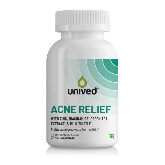 Unived Acne Relief | Acne Supplement Formulated to combat Acne from within | Zinc, Niacinamide, Green Tea, & Milk Thistle | 60 Vegan Caps, One Month Supply