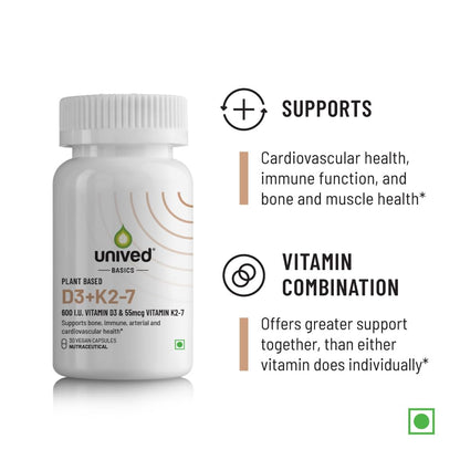 Unived Basics D3+K2 (MK-7) | Vitamin D3 600 IU & Vitamin K2-7 (MenaquinGold) 55mcg | Immunity, Heart, Muscle, & Bone Health | Plant-Based & Natural | 30 Capsules