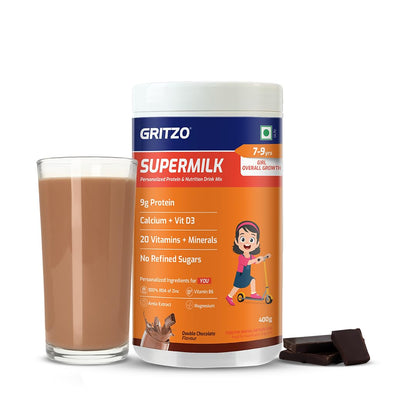 Gritzo SuperMilk Overall Growth (7-9y Girls), 9g Protein Powder (Double Chocolate, 400g) | Zero Refined Sugar, 20 Vitamins & Minerals