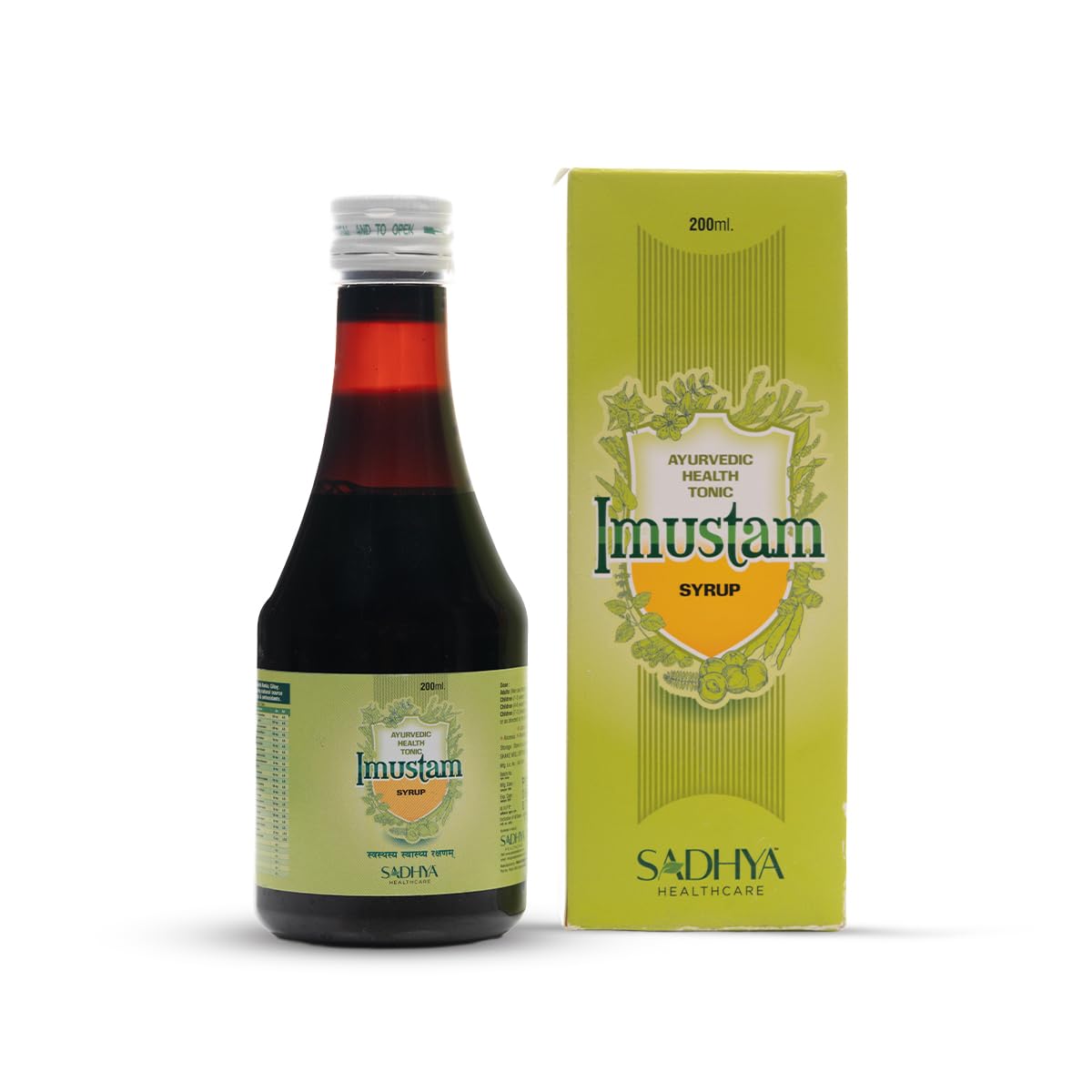 Imustam Syrup | Sadhya Healthcare | Ayurvedic Health Tonic for Daily Immunity Support | Antioxidant Support + Mental Alertness Support | Loha Bhasma, Papaya Pan, Amla, Ashwagandha | 200 ml