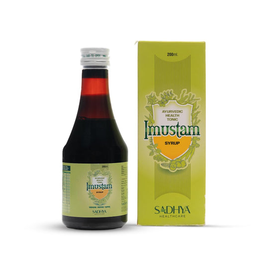Imustam Syrup | Sadhya Healthcare | Ayurvedic Health Tonic for Daily Immunity Support | Antioxidant Support + Mental Alertness Support | Loha Bhasma, Papaya Pan, Amla, Ashwagandha | 200 ml