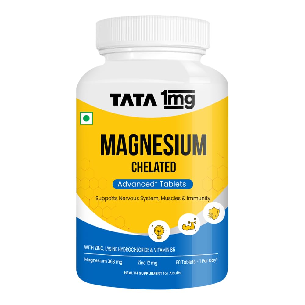 1MG Tata Chelated Magnesium Plus Tablets with Zinc & Vitamin B6-60 Tablets | High Absorption Magnesium Supplement for Women & Men | Supports Nervous System, Muscle Recovery & Immunity