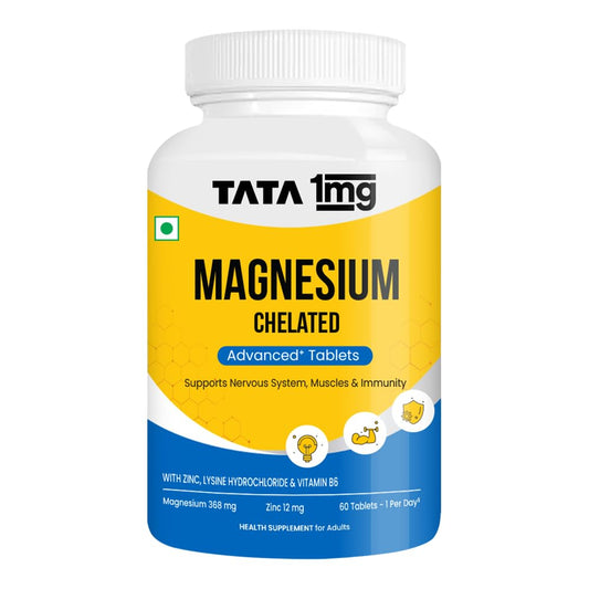 1MG Tata Chelated Magnesium Plus Tablets with Zinc & Vitamin B6-60 Tablets | High Absorption Magnesium Supplement for Women & Men | Supports Nervous System, Muscle Recovery & Immunity