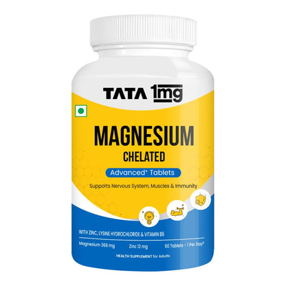 TATA 1mg Chelated Magnesium Plus Tablets with Zinc & Vitamin B6-60 Tablets | High Absorption Magnesium Supplement for Women & Men | Supports Nervous System, Muscle Recovery & Immunity