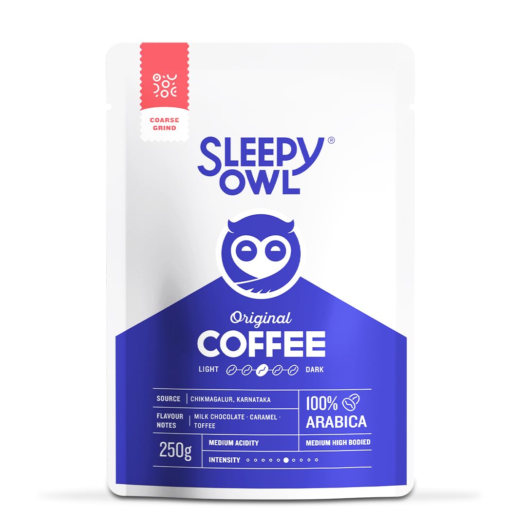 Sleepy Owl Ground Coffee for French Press | 100% Arabica Beans | Medium Roast - Original Flavour | Coarse Grind for Fresh Hot & Cold Brew | Premium Roasters | 250 gm | Chikmagalur Origin