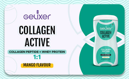 GELIXER Collagen Active (250 gm), Japanese Marine Collagen Peptide with Whey Protein (Mango Flavored) Rich In Protein for Active Lifestyle, Fitness & Glow
