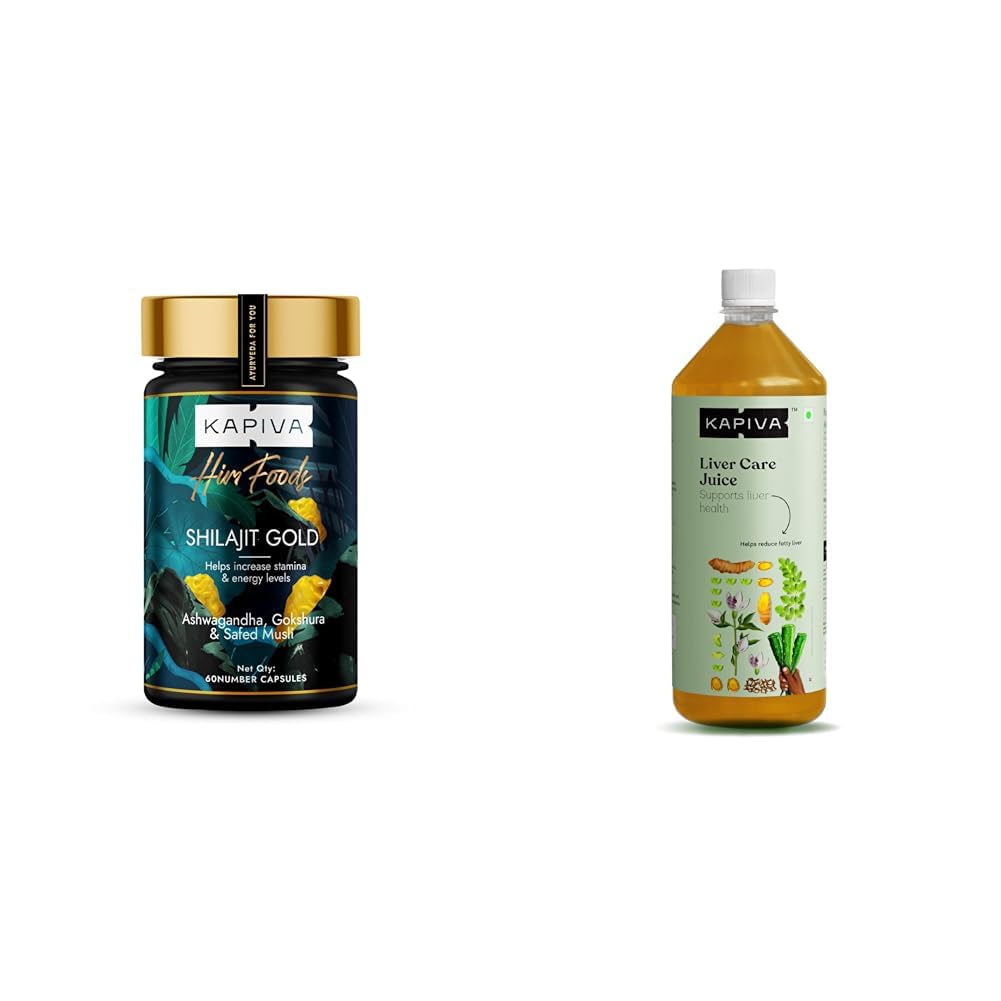 Kapiva Shilajit Gold 60 Capsules Contains 24 Carat Gold Boosts Stamina In 4 Weeks & Kapiva Liver Care Juice Anti-oxidant Rich Supplement With 5 Ayurvedic Herbs to Benefit Liver Health (1L)