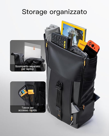 Inateck RollTop 22-26.8L Men's and Women's Laptop Backpack with 180° Opening Main Compartment and Waterproof Zipper, Travel Bag for Leisure and Cycling