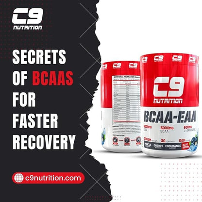C9 NUTRITION BCAA + EAA Powder- Sugar Free Workout Muscle Recovery & Endurance Drink with 5000mg BCAA, 9000mg EAA, 500 mg L-Arginine | Amino Acid Supplements (30 Servings, Watermelon Flavour)