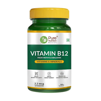 Pure Nutrition Vitamin B12 Tablets | Active form of Methylcobalamin B-12 Supplement for Men & Women | Helps Boost Immunity & Energy | Promotes Brain & Nerve Health - 120 Veg Tabs