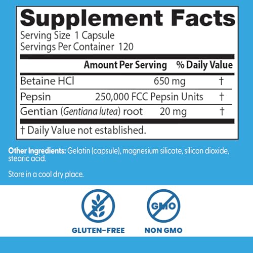 Doctor's Best Betaine Hcl Pepsin & Gentian Bitters (Support Digestive Health) - 120 Caps, 100 grams