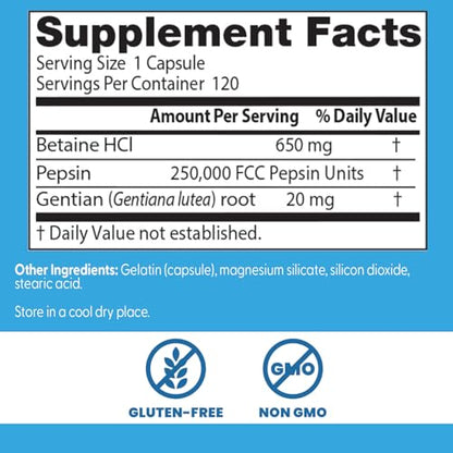 Doctor's Best Betaine Hcl Pepsin & Gentian Bitters (Support Digestive Health) - 120 Caps, 100 grams