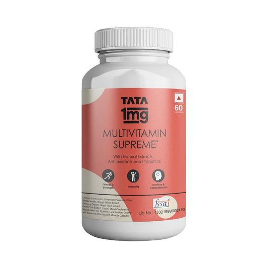 TATA 1MG Multivitamin Supreme With Zinc, Calcium, Vitamin D, Antioxidants & Probiotics For Fitness, Strength, Immunity, Memory & Concentration, Energy Booster Capsule For Men & Women (Pack Of 60)