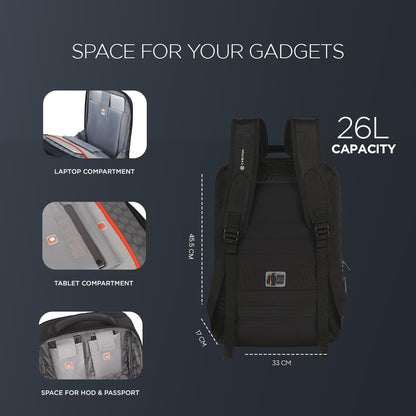 CARLTON Laptop Backpack 26L With Organized Interiors, RFID Protected Pocket, Fleece Lined Gadget Compartment & Ergofoam Back | Ferrous Black | Hampshire