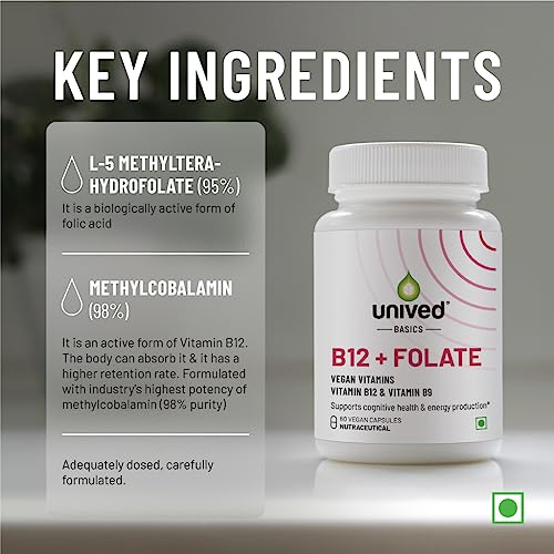 Unived Basics B12+Folate | Vitamin B12 (Methylcobalamin) with 5-MTHF BioAvailable Folate | Essential for Vegan & Vegetarians | 60 Vegan Capsules