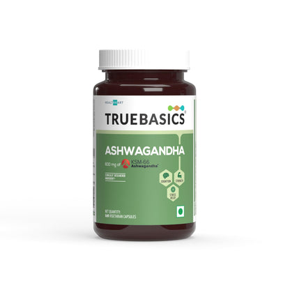 TrueBasics Ashwagandha, 600mg of KSM 66 Ashwagandha (60 Capsules) | With Clinically Researched Ingredients | Energy and Immunity Booster