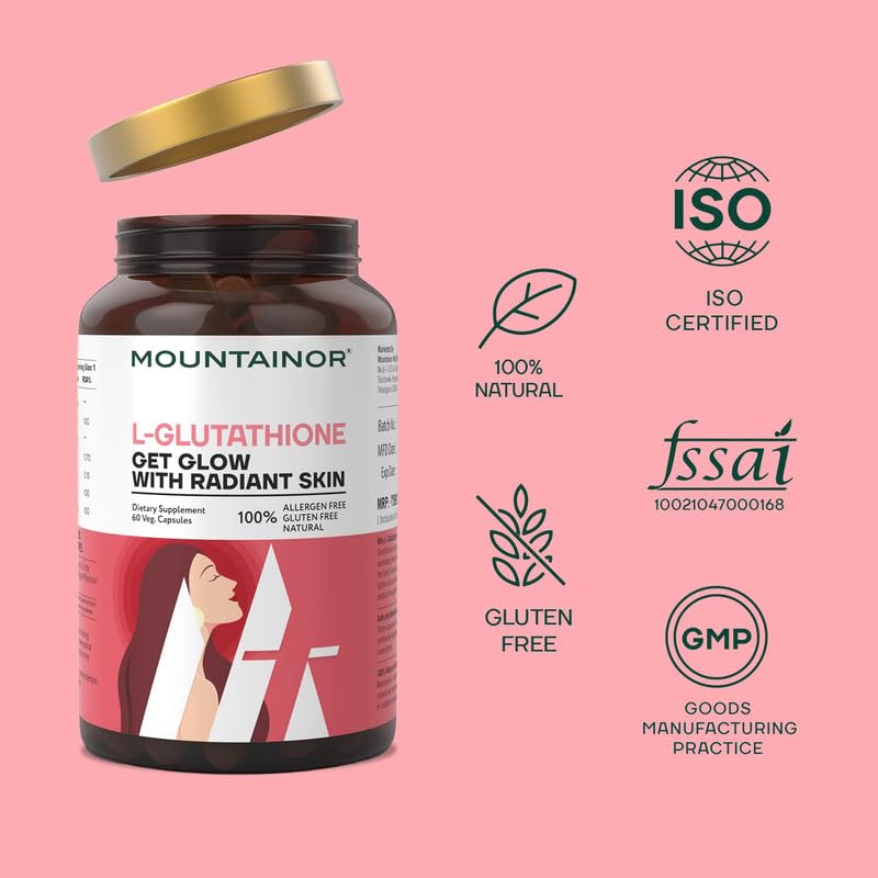 MOUNTAINOR L Glutathione 1000mg For Healthy, Brightening & Radiant Skin (60 Veg Caps) For Men & Women With Vitamin C, Biotin