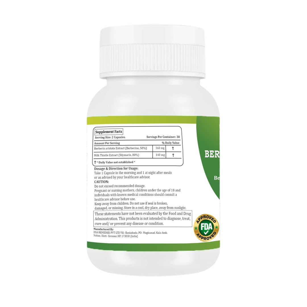 Morsan Healthcare Berberine 50% + Milk Thistle Extract Capsules | Berberis aristata & Silymarin 80% | Herbal Supplement | 60 Vegetarian Capsules | Standardized Botanical Extract | (PACK OF 1)