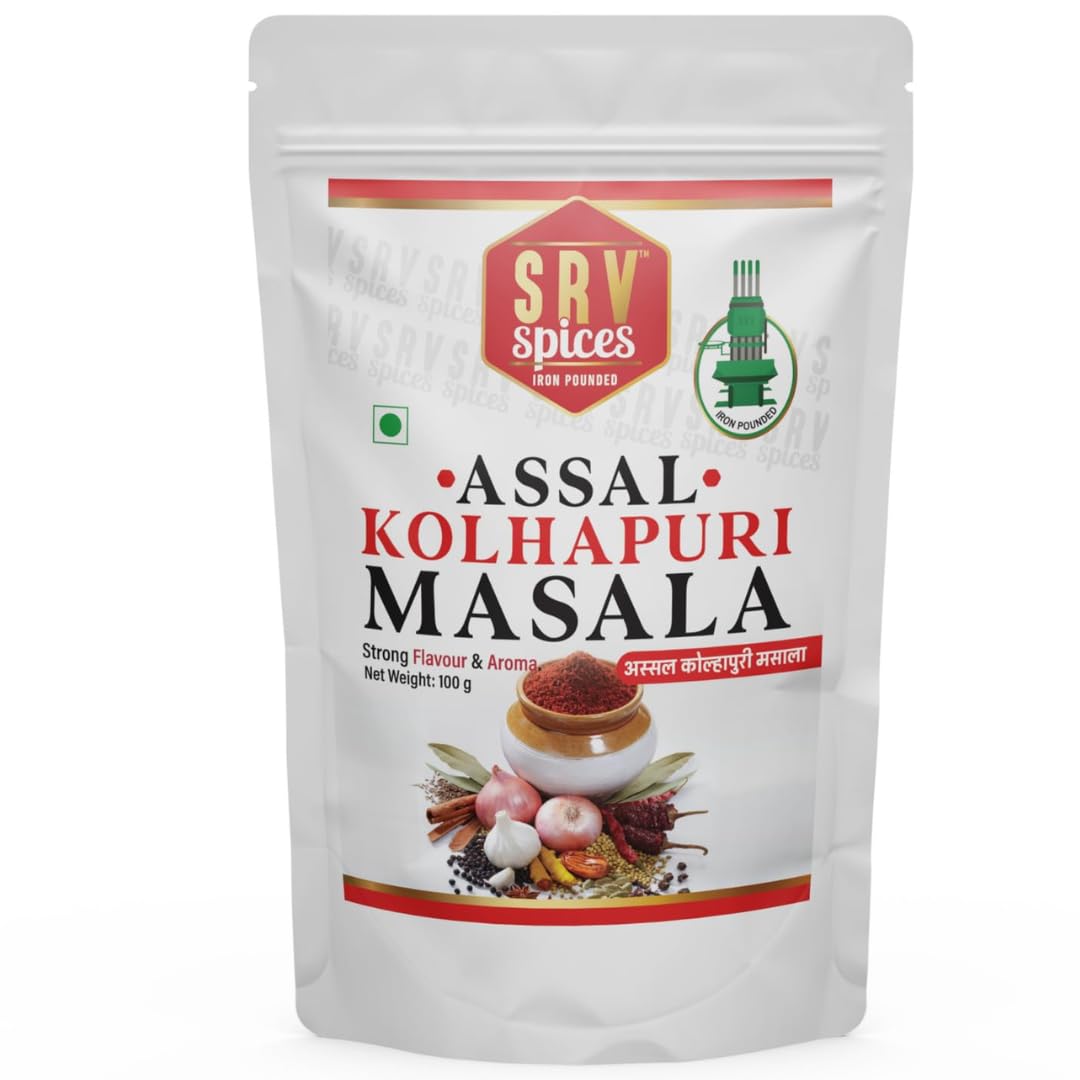 SRV SPICES Iron Pounded Assal Kolhapuri Masala | Authentic Kolhapuri Kanda Lasun Blend | Traditional Maharashtrian Onion Garlic Masala | 57 Years of Expertise | 100g Pack