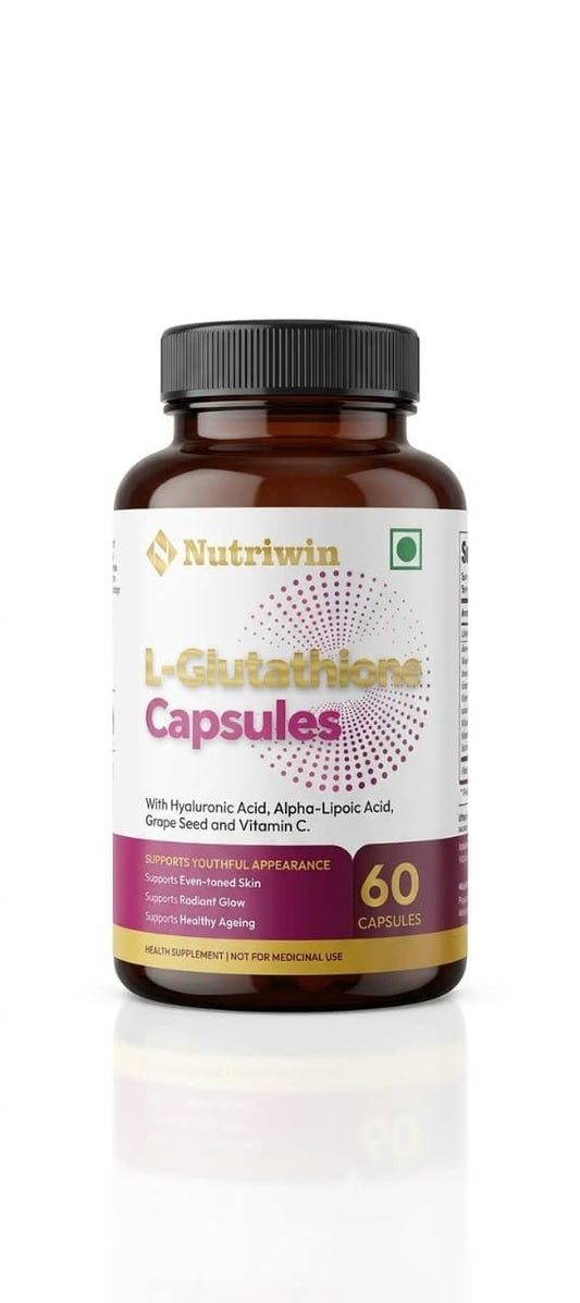 Nutriwin L-Glutathione Capsules with Hyaluronic Acid, Alpha-Lipoic Acid, Grape Seed Extract & Vitamin C | Skin Brightening & Antioxidant Support | 60 Veg Capsules