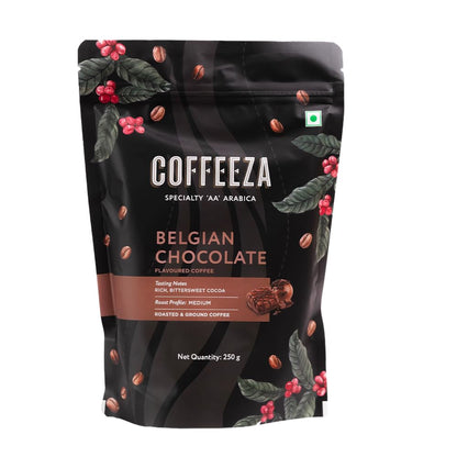 COFFEEZA Ground Coffee - Fine Grind - Belgian Chocolate Flavored - 250 Gram - Medium-Dark Roast 100% Arabica Ground Coffee Powder|Bag