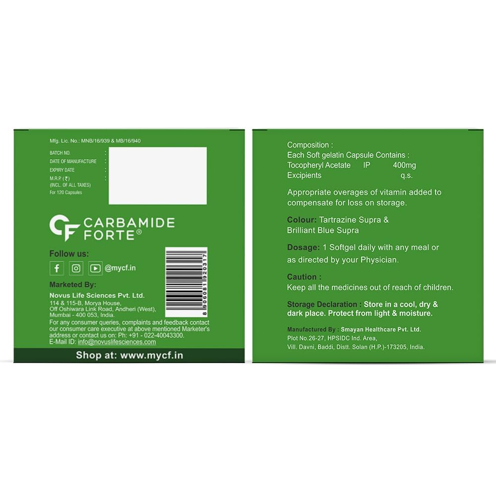 Carbamide Forte 400mg Vitamin E Capsules for Face and Hair | 100% Natural Vitamin E Supplement with Vitamin E Oil | Paraben Free - 120 Capsules