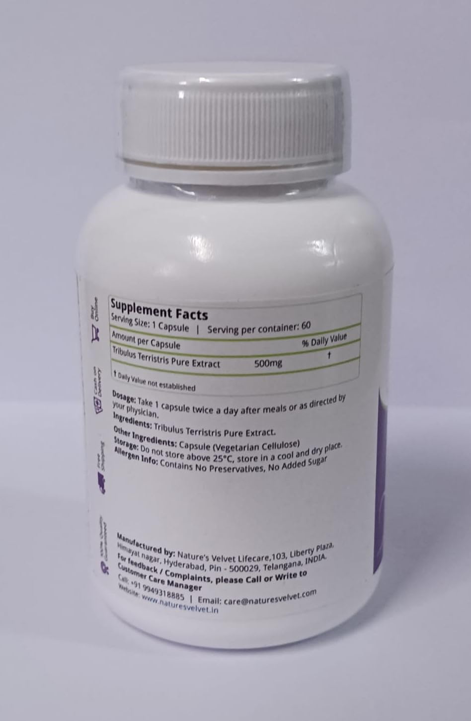 nature's velvet Tribulus Gokshura Pure Extract 500 mg, 60 Veg Capsules- image 3