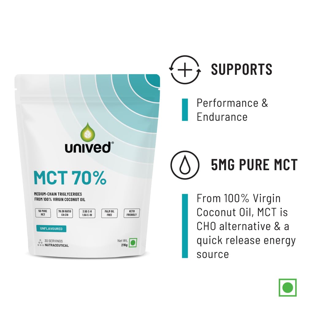 Unived MCT 70% | Medium Chain Triglyceride Oil Powder | Clean Energy Fuel | Pure MCT 5g with C-8: 3528mg & C-10: 1512mg in a 70:30 ratio | Keto Friendly | 30 Servings
