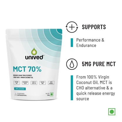 Unived MCT 70% | Medium Chain Triglyceride Oil Powder | Clean Energy Fuel | Pure MCT 5g with C-8: 3528mg & C-10: 1512mg in a 70:30 ratio | Keto Friendly | 30 Servings