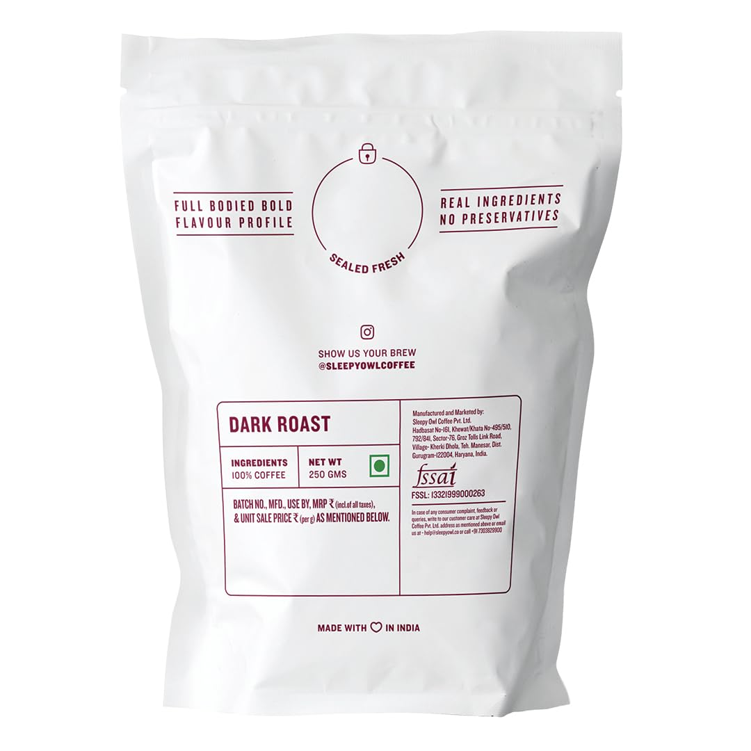 Sleepy Owl Dark Roast Ground Coffee | Fine Grind Coffee | Suitable for Moka Pot, Home Espresso brewing | 100% Arabica | Freshly Roasted & Ground | 250g | Directly Sourced From Chikmagalur
