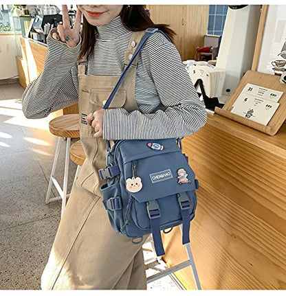 PEXIZUAN kawaii backpack girl school bag waterproof nylon with kawaii pendant cute pin mini backpack, Blue, 35(cm)*28 (cm)*13 (cm), Cute