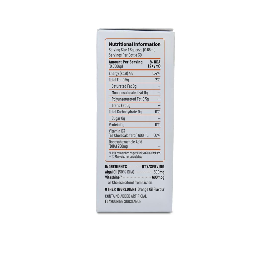 Unived Ovegha D3 Kids, Algae Omega-3 DHA with Plant-Based Vitamin D3, 250mg DHA & 600 I.U. D3, Liquid Dropper, Natural Orange Flavour, 30 servings