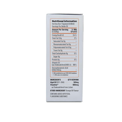 Unived Ovegha D3 Kids, Algae Omega-3 DHA with Plant-Based Vitamin D3, 250mg DHA & 600 I.U. D3, Liquid Dropper, Natural Orange Flavour, 30 servings