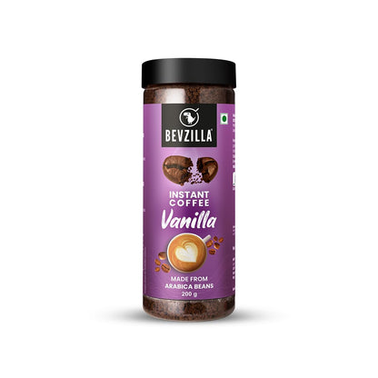 Bevzilla 200 Gram Vanilla Flavoured Instant Coffee Powder Jar | Make 100 Cups | Arabica Coffee | Best for Espresso, Latte & Cappucino | Hot & Cold Brew