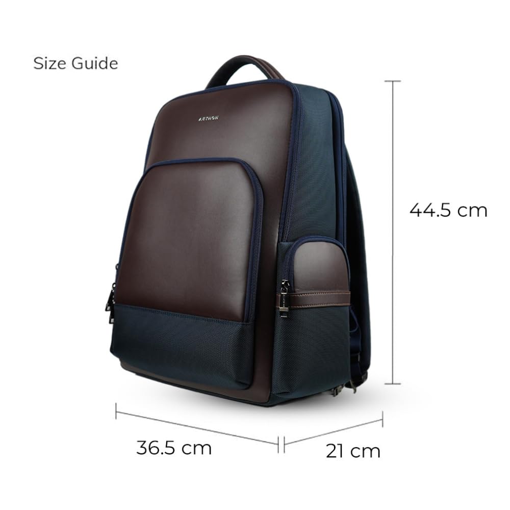 AETHON | Krossover 15.6-Inch Laptop Backpack | Water-Resistant with Multiple Pockets for Office, Travel | Shoulder Bag Made with Vegan Microfiber Leather (BLUE + BROWN)