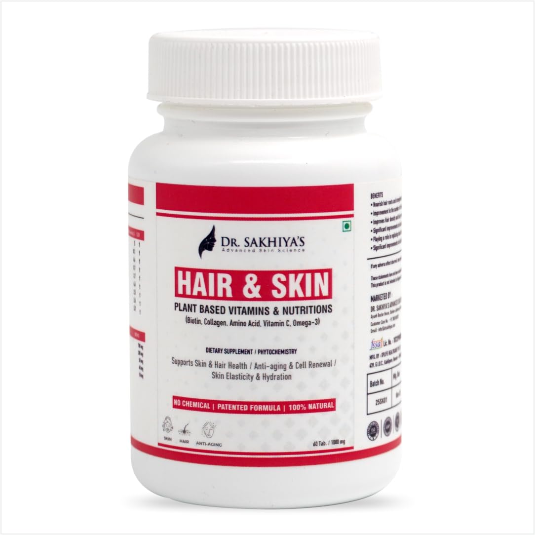Dr. Sakhiya's Hair & Skin Supplement - Plant-Based Vitamins & Nutrients | Biotin, Collagen, Amino Acids, Vitamin C, Omega-3 | Anti-Hair Fall, Anti-Aging, Hydration, Skin Elasticity | 60 Tablets