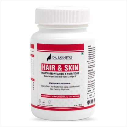 Dr. Sakhiya's Hair & Skin Supplement - Plant-Based Vitamins & Nutrients | Biotin, Collagen, Amino Acids, Vitamin C, Omega-3 | Anti-Hair Fall, Anti-Aging, Hydration, Skin Elasticity | 60 Tablets