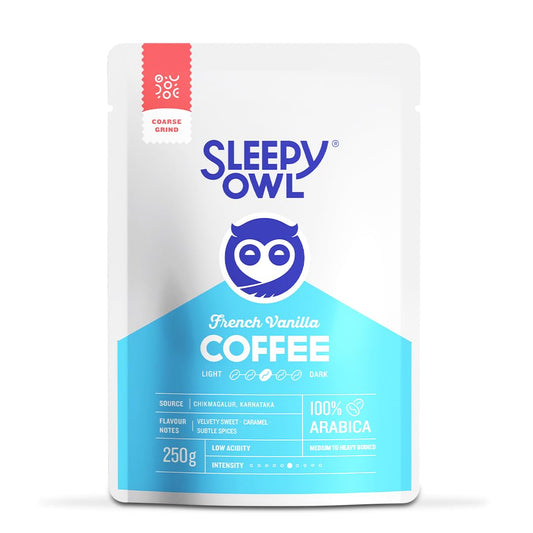 Sleepy Owl French Vanilla Ground Coffee for French Press | Medium Roast | 100% Arabica | Coarse Grind Coffee | Also Suitable for Cold Brewing | 250g | Directly Sourced From Chikmagalur