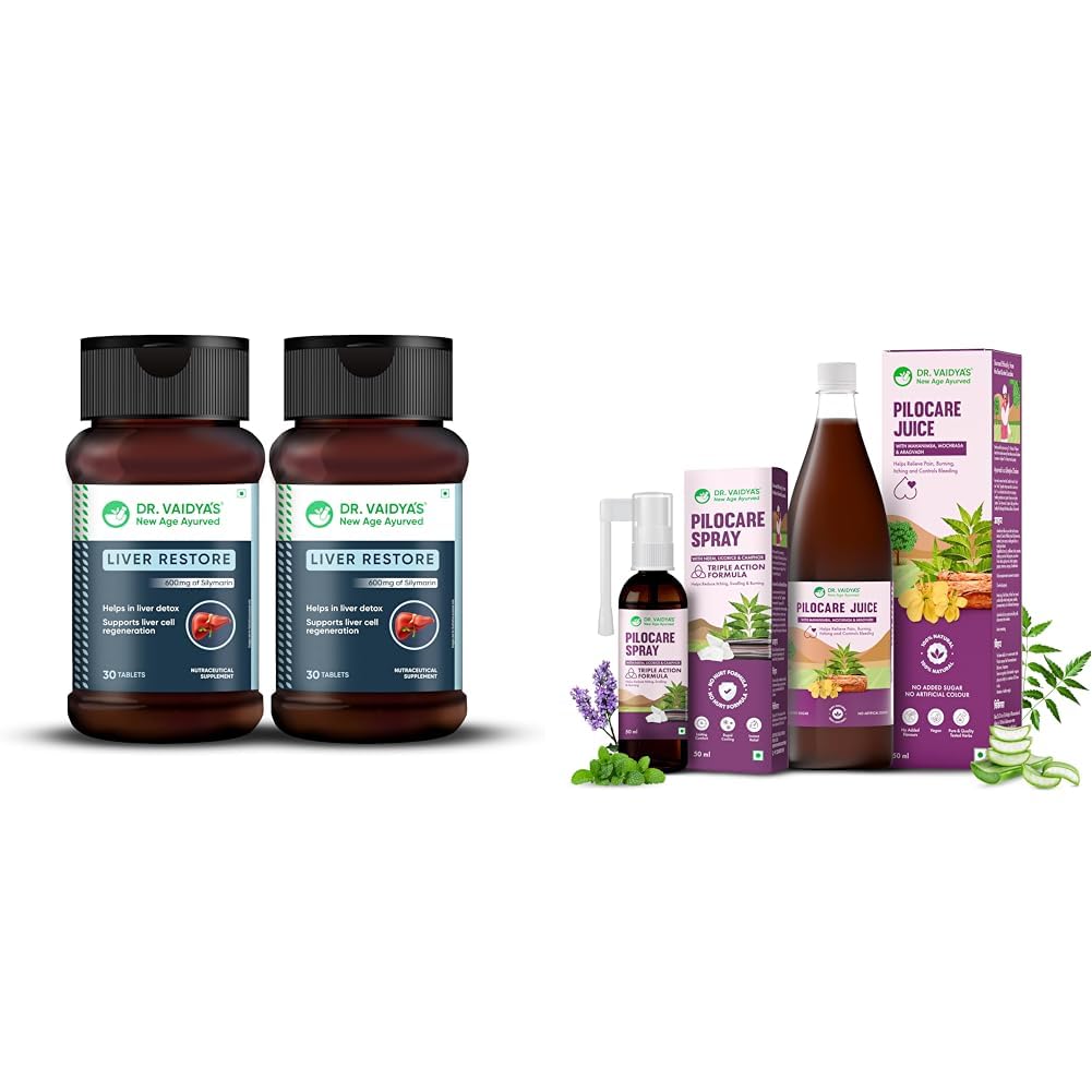 Dr. Vaidya’s Liver Restore Tablets with Milk Thistle and Dandelion | 600mg Silymarin | Ayurvedic L | Dr. Vaidya's Pilocare Juice & Spray Combo | Ayurvedic Medicine for Piles Care | Relieves Hemorrhoi