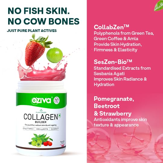 OZiva Vegan Collagen (Watermelon) with Biotin & Vitamin C For Brighter & Youthful Skin | Collagen Supplement For Women & Men | Plant Based Collagen Powder | Certified Vegan 125g