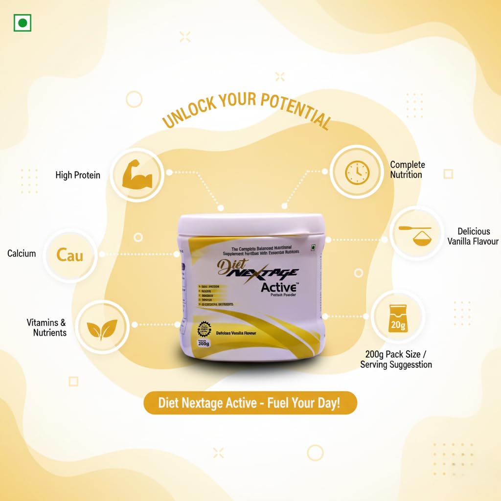Diet Nextage Active Protein Powder for Adults | High Protein Nutrition Drink for Energy, Strength & Immunity | Sugar Free | Vanilla Flavour 200g