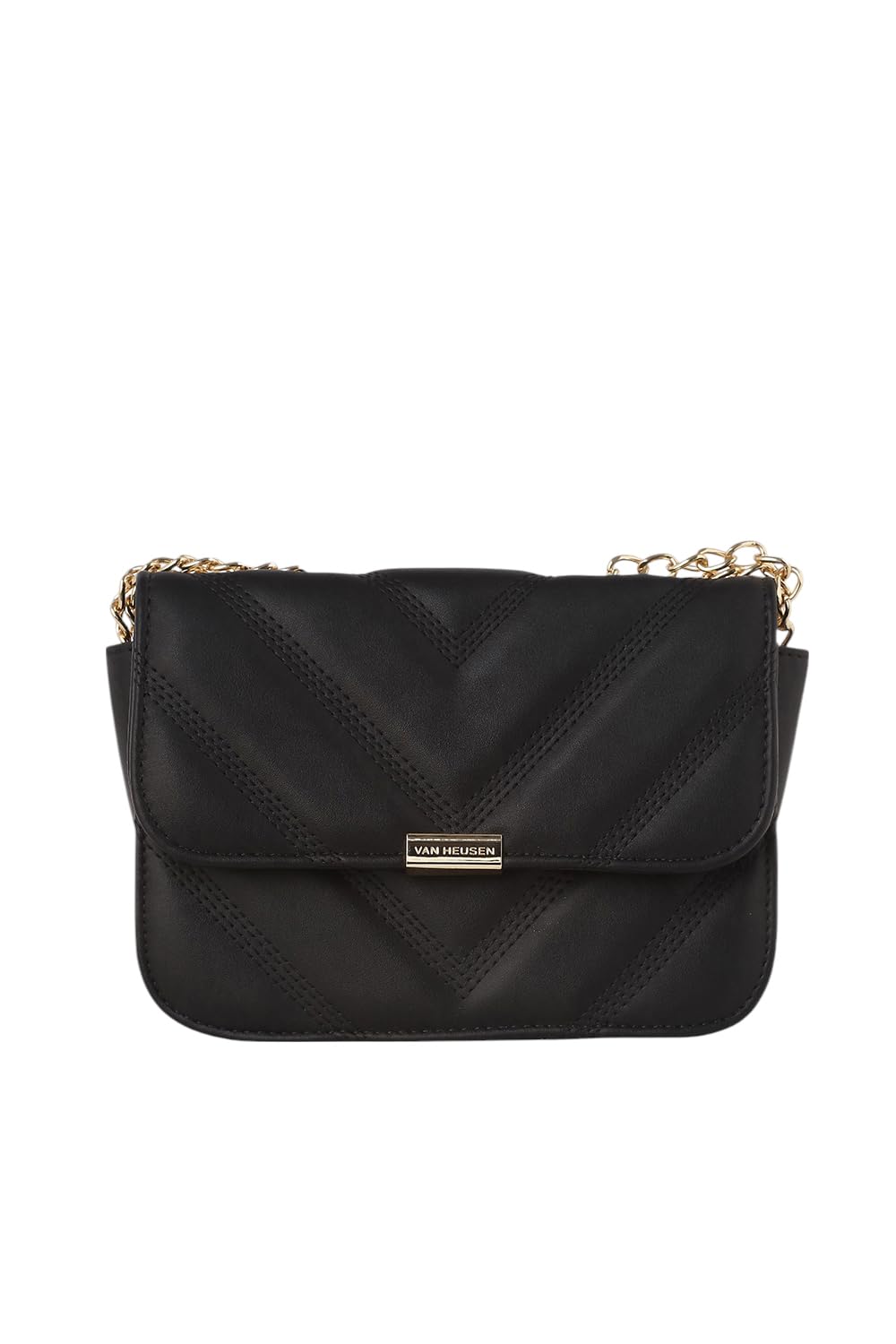 Van Heusen womens Sling Bag with textured single color chain (Black)