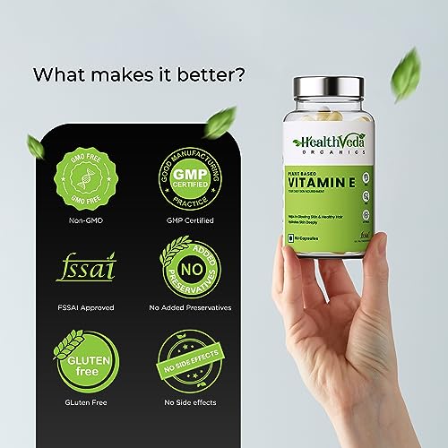 HEALTH VEDA ORGANICS PRIVATE LIMITED Vitamin E, 60 Veg Capsules For Skin And Hair, With Argan & Aloe Vera, Antioxidant Support, Naturally Nourished Skin & Hair For Men & Women