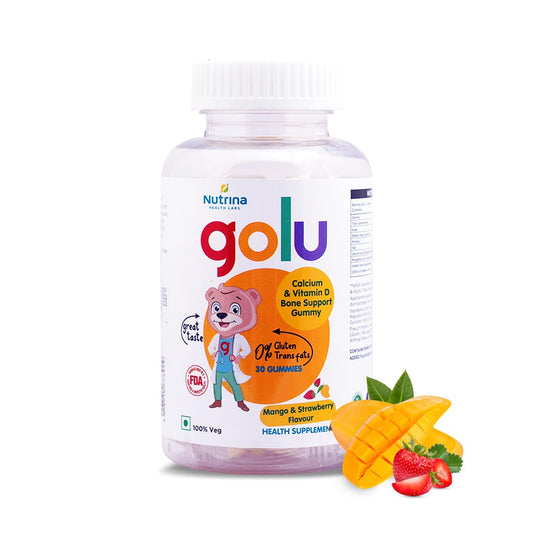 Nutrina Health Labs Golu Vegetarian Calcium+Vitamin D Gummy for Kids (5-13 years) for Strong Bones Teeth and Healthy Muscles, Nut free, Gelatin Free | 30 Gummies (1 Bottle of 30 Gummies)