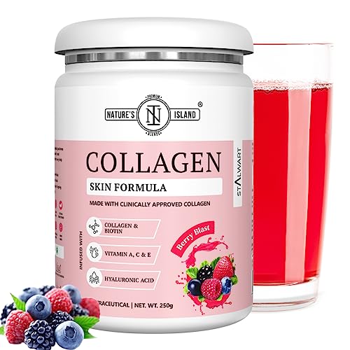 Nature's Island Skin Glow Collagen Powder (Berry, 250g) , Marine Collagen Supplements for Women & Men With Biotin, Vitamin A, C,E, Hyaluronic Acid, for Glowing Skin,Anti Ageing, Firmness, Elasticity, Healthy Hair and Nails.